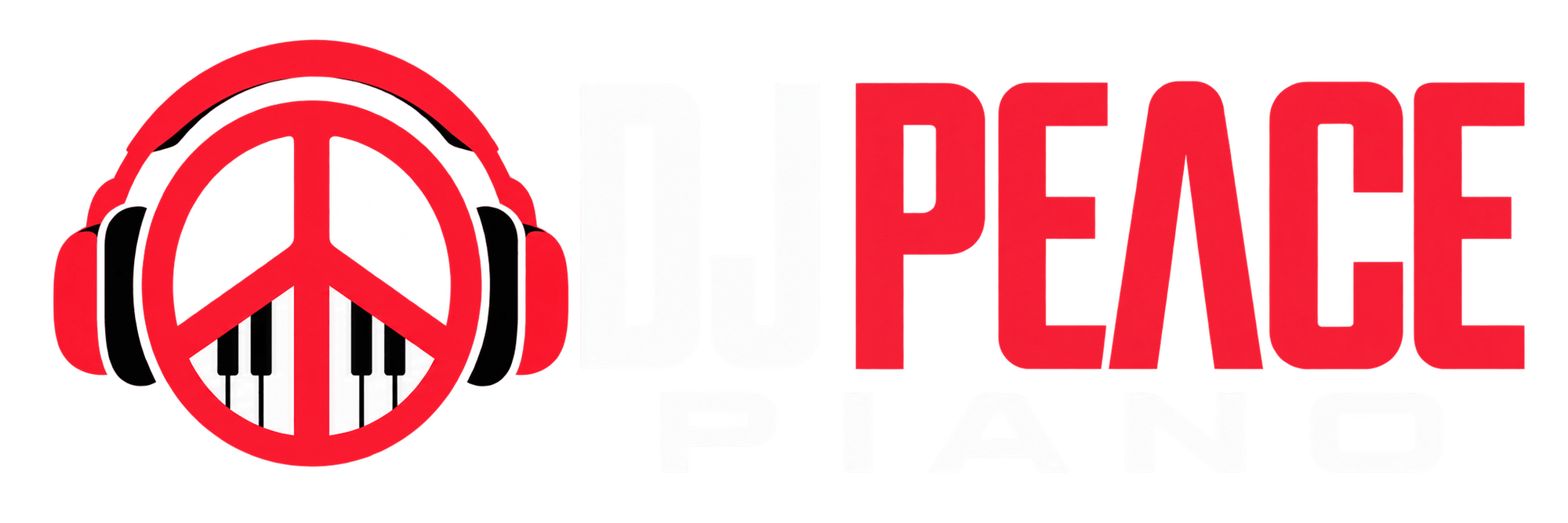 Peace music logo with headphones, piano keys, and red Peace text